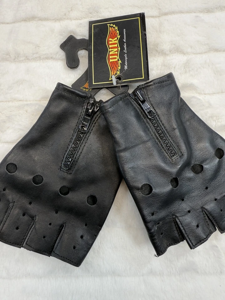 Unik Motorcycle Leather Gloves Mens Small Half Finger Riding Biker Zip Vent - Image 3 of 4