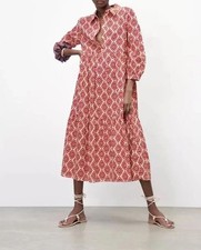 Zara XS UK 6 8 Geometric Print Cotton Midi Shirt Dress Red Beige Summer