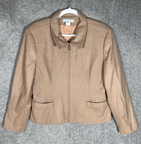 VTG Stephanie Andrews Wool Jacket Womens Size 14 Tan-Brown Pockets Lined Zip Up