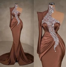 Mermaid Prom Dresses High Neck Sequins Pleat Satin Sweep Train Evening Gown
