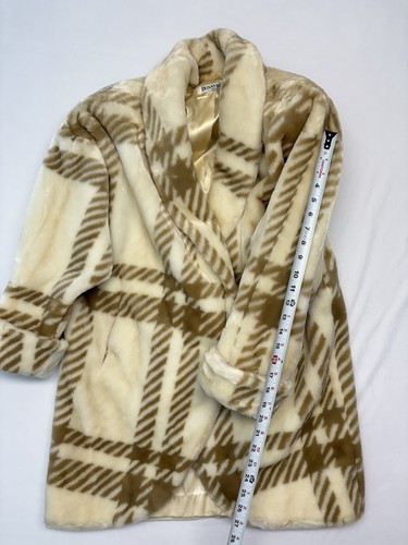 DONNYBROOK Coat Plaid Jacket M Faux Fur USA label Satin lined Cream/Tan - Picture 9 of 11