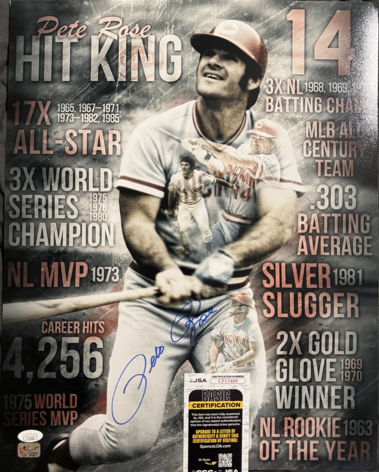 Pete Rose Autographed Signed 16x20 photo JSA coa Proof Rose COA Cincinnati Reds 