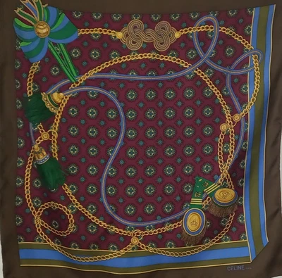Foulard vintage CELINE Paris 100% soie – Motif chaînes – Luxe intemporel - Photo 1/4
