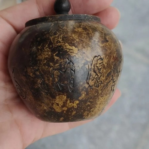 Antica teiera vintage Cina vecchia collezione rame zodiaco intaglio barattolo conservazione - Foto 4 di 23