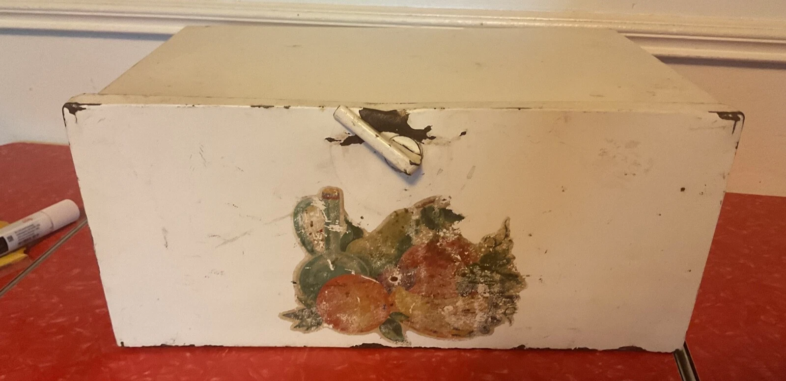 Vintage DecoWare Metal Tin Bread Box fruit Hinged 1950s breadbox mid century mcm