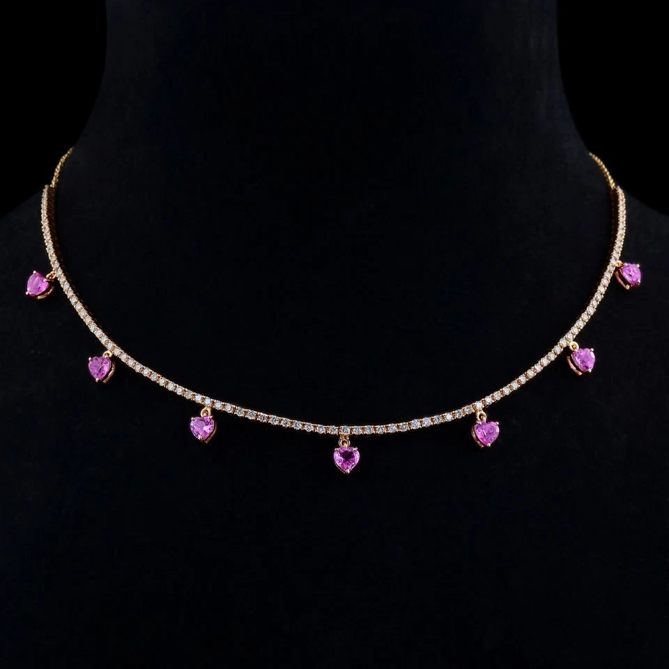 Synthetic Heart Pink Sapphire Round Cut Natural Diamond 18k Rose Gold Necklace - Image 3 of 4