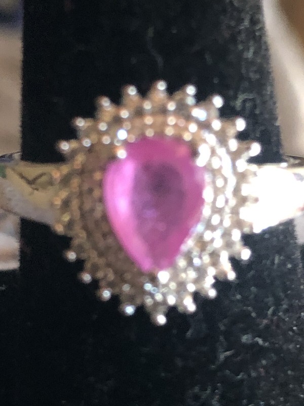 Hot Pink Sapphire Surrounded by Zircon Ring, Size 7