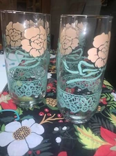 vintage libbey  Iced Tea Large Drinking Glasses Floral Pastel Pattern Set Of 4