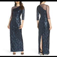 EUC Adrianna Papell Sequin One Shoulder Embellished Gown Midnight SZ 4  G455