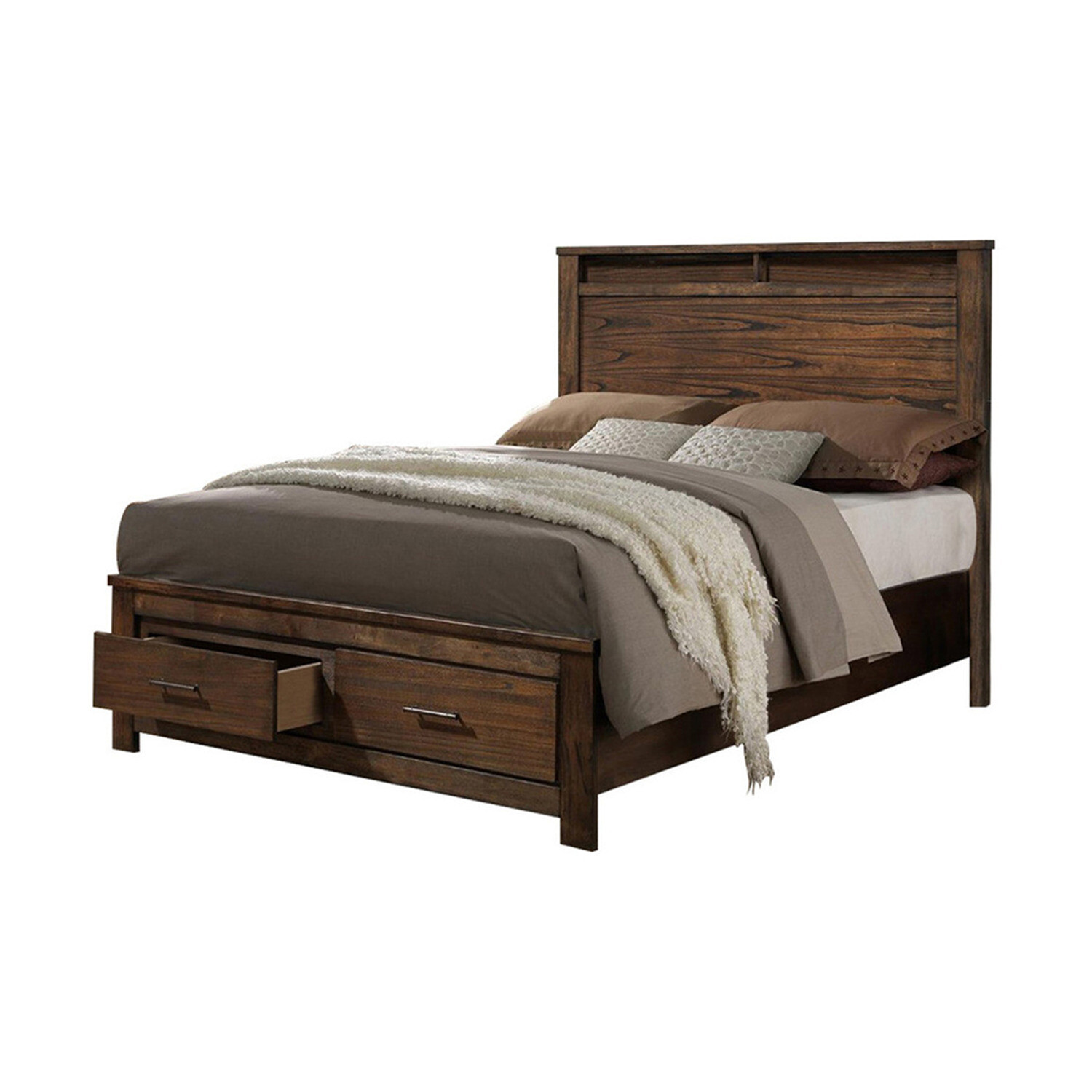 Benzara Enchanting Wooden Queen Bed With Display And Storage Drawers