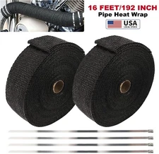 2× Fiberglass Exhaust Header Pipe Heat Wrap 16Ft Insulation Tape + 4 Ties Kit US