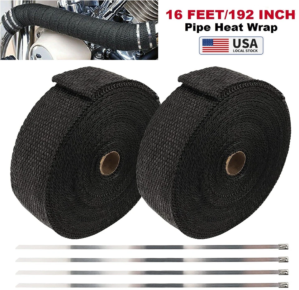 2" Fiberglass Exhaust Header Pipe Heat Wrap 16Ft Insulation Tape + 4 Ties Set US - Image 2 of 4