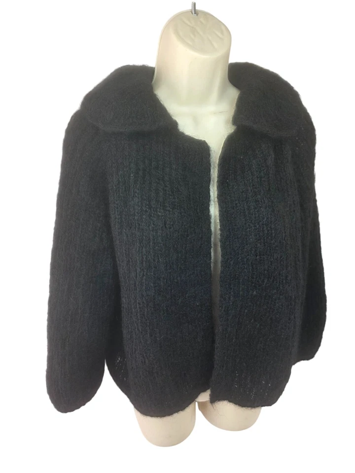 Cárdigan abierto con dobladillo corto hecho a mano años 50 60 para mujer talla M/L negro tejido suelto mohair Foto 2 de 4