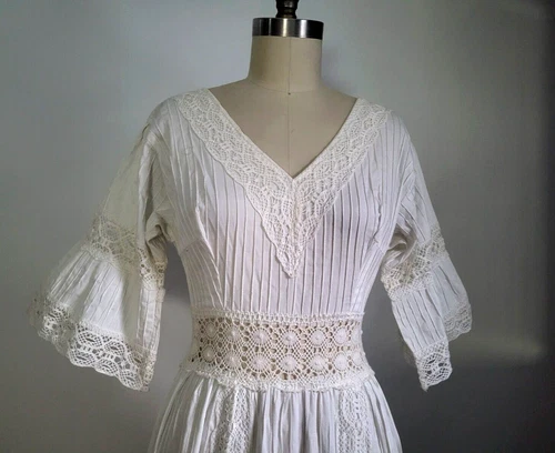 VTG IVORY MEXICAN PINTUCK PLEATED MAXI WEDDING DRESS with CROCHET LACE INSERTS