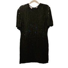 Vintage sequin beaded black knee length silk dress Lawrence Kazar Size Large