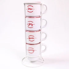 Set Of 4 Designs Signatures CHRISTMAS WORDS Stackable White Cups With Wire Rack