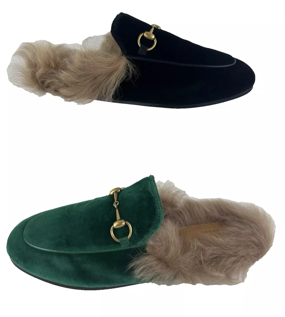 Chaussures plates Gucci neuves authentiques couleur mismatch pointure 7 8 US 37 38 or Horsebit fourrure mules