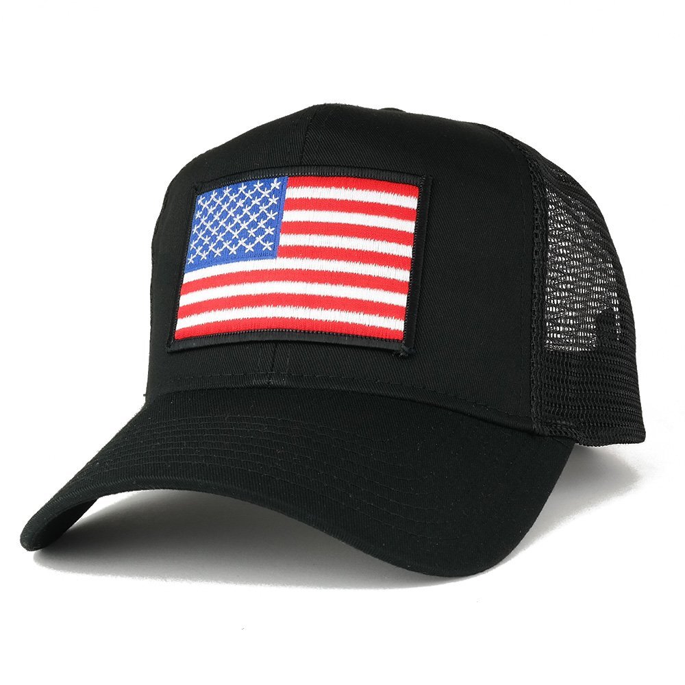 USA American Flag Patch Snapback Trucker Mesh Cap - Black, White/Black Border