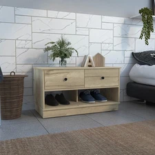Storage Bench with 2 Drawers & 2 Open Shelves in Light Oak, Multi-Functional