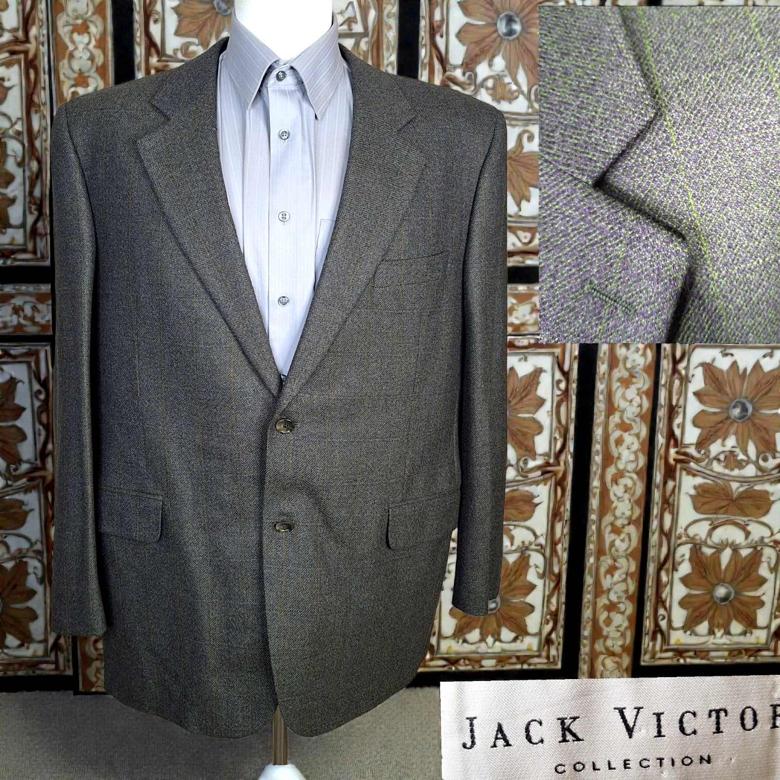 Jack Victor Sport Coat Mens 46R Green Brown Windowpane Soft Tweed Wool