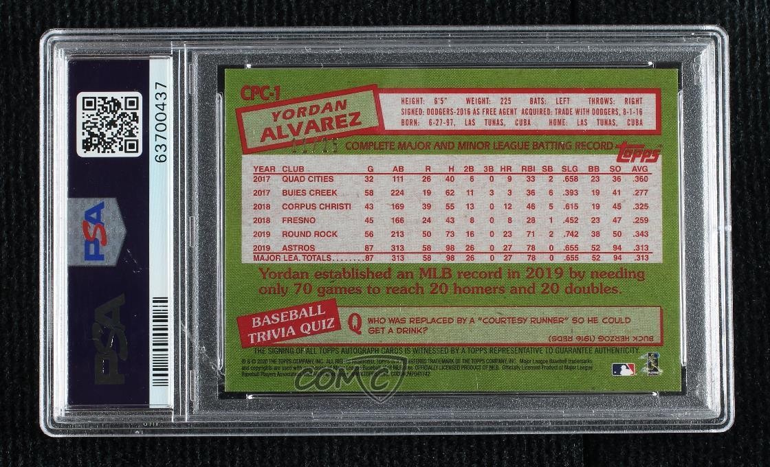 2020 Topps Update Orange 11/25 Yordan Alvarez #CPC-1 PSA 9 MINT Rookie Auto RC view 2