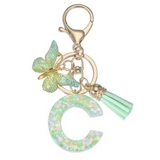 Alphabet Initial Letter Keychain Charm with Tassel Butterfly Letter C Green