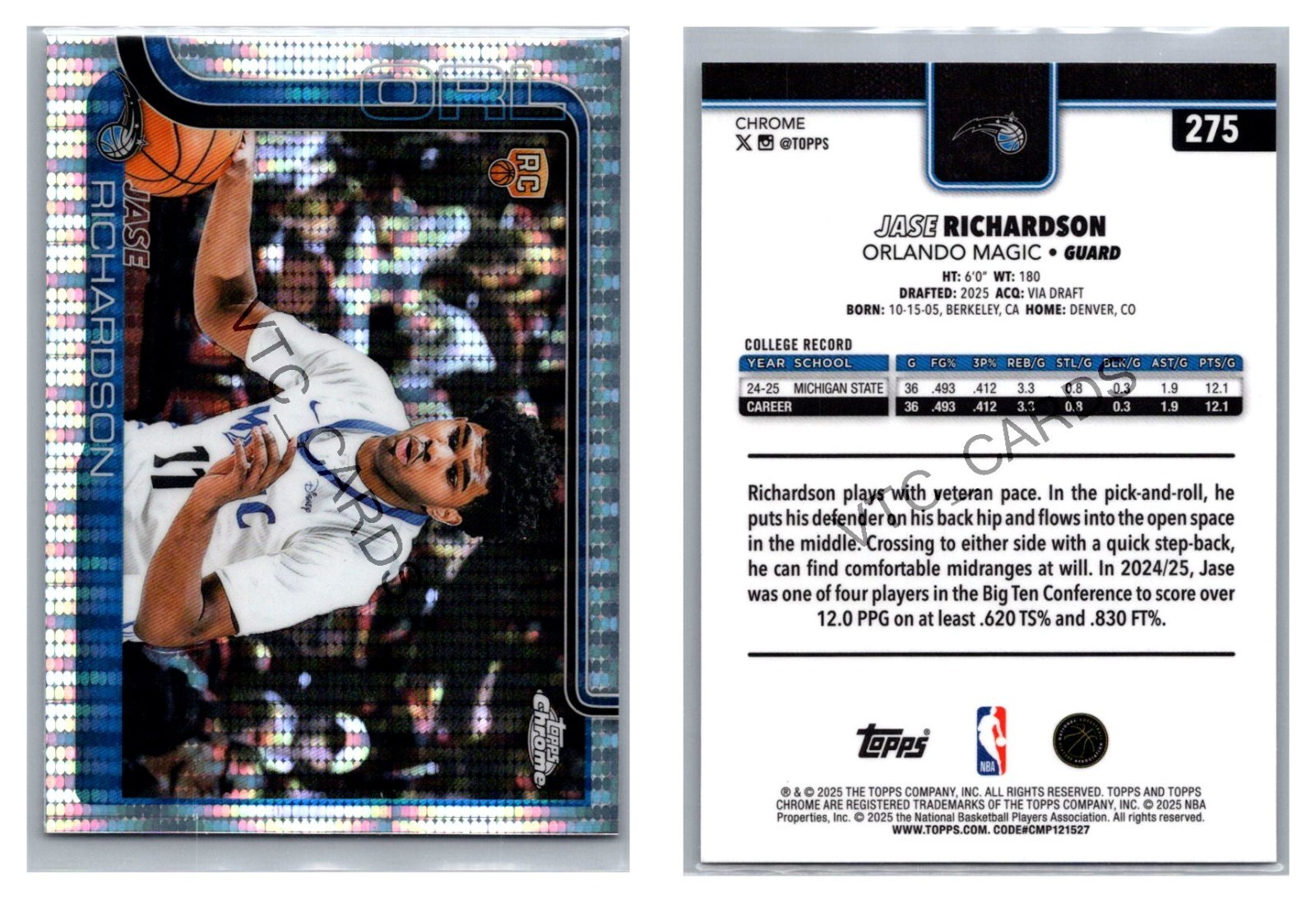 Jase Richardson RC Pulsar 2025-26 Topps Chrome Basketball #275 Orlando Magic