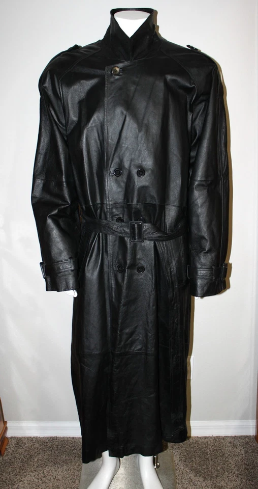 Men's Vintage PHASE TWO Size XLT Black Leather Belted Double Breast Trench Coat - Image 3 of 4