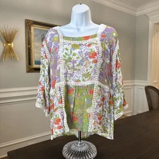 Tru Luxe Jeans | Floral Embroidered Boho Blouse - Large - Purple White Green