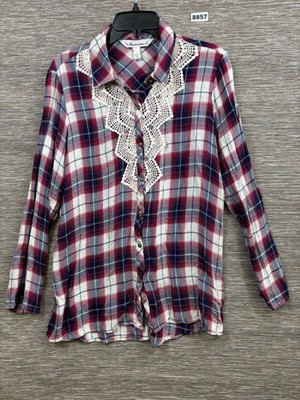 Tantrums Shirt Womens Large Red Plaid Crochet Lace Button Front Long Sleeve