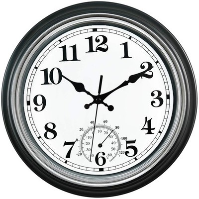 12 Inch Indoor/Outdoor Waterproof Wall Clock with Thermometer Silent Round Qu