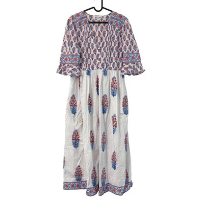 Maxi Vestido Rosa Estampado Ciudad Naranja Azul Floral Manga Volantes Para Mujer Talla Mediana - Imagen 1 de 4