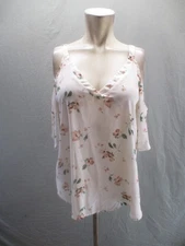 Sienna Sky Size L Womens White Floral V-Neck Cold Shoulder Romantic Blouse 786