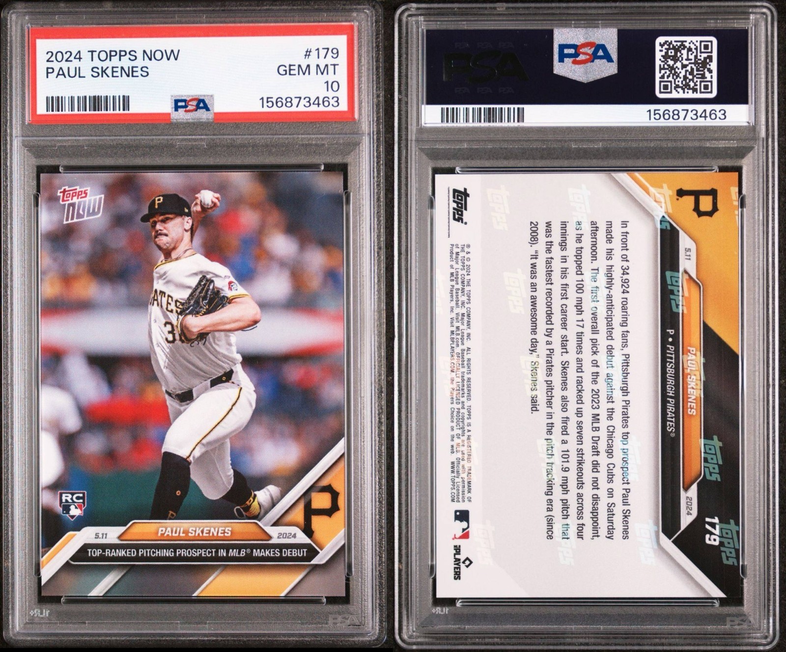 PAUL SKENES 2024 Topps Now #179 Rookie Card (RC) PSA 10 GEM MINT Pirates view 3