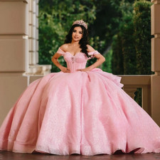Pink Glitter Tulle Quinceanera Dress Off Shoulder Sweetheart Sweet 16 Party Gown