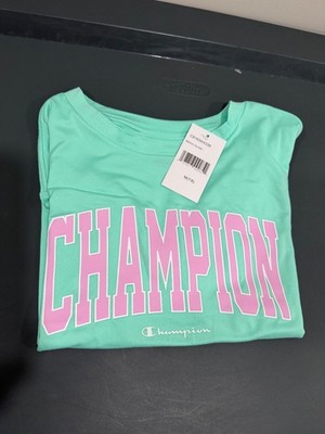Champion Girls Activewear T-Shirt M 7/8 Beach Glass Mint Pink Logo Tee NWT