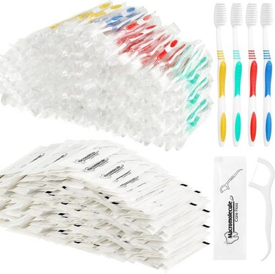 300 Individually Wrapped Toothbrushes Bulk Set + 100 Dental Floss | Soft Bristle