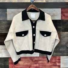 Sandro Paris Knit Cropped Jacket Biker Beige Black Hold Buttons Size 1