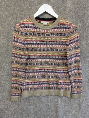Boden Louise Pullover Damen Small Gold Fair Isle Nordic Glitzer Wolle Kaschmir 