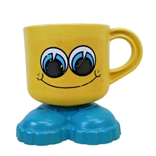Vintage Deka Footsie Tootsie Mug Cup Yellow & Blue Feet 70s Smile Face Plastic