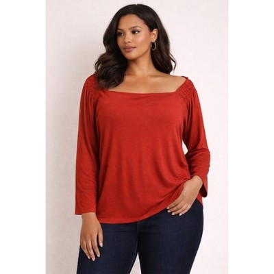 IMAN Blouse 2X Red Square Neck 3/4 Sleeve Smocked Top Chic Boho Plus Size