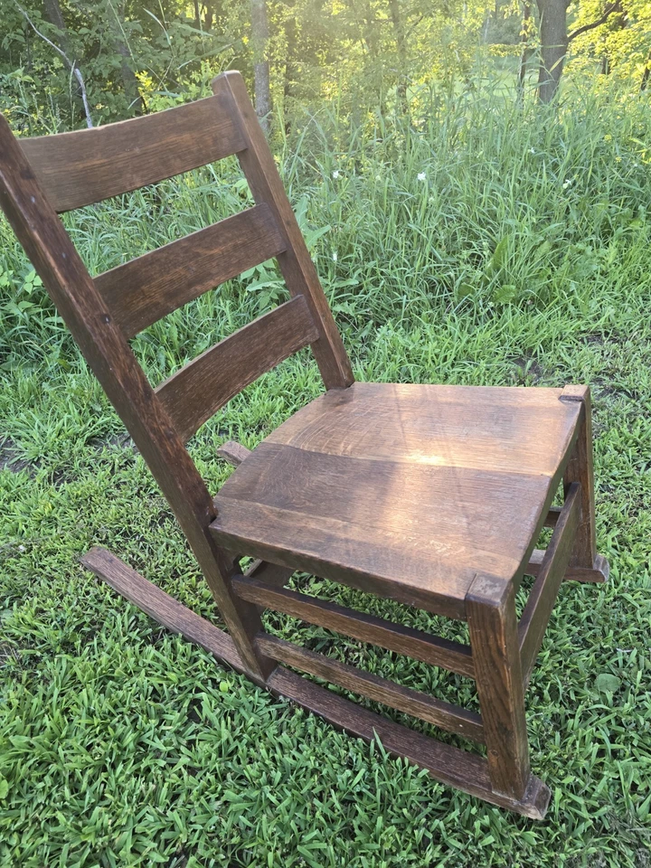Antique Mission Oak Arts and Crafts Sewing Rocking Chair Numbered Minnesota Read - Image 2 of 4