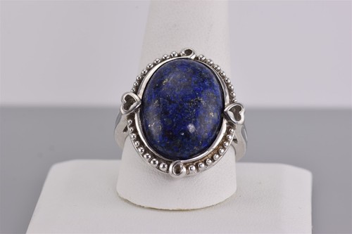 Anillo de banda distintivo corazón con cuentas de corazón de plata esterlina azul ovalado lapislázuli talla 925 - Imagen 7 de 8
