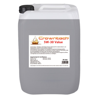 20 Liter Motoröl 5w30 Crowntech Value für VW MERCEDES BMW FORD RENAULT