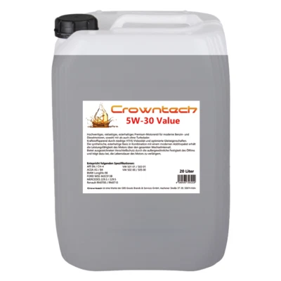 20 L Motoröl 5w30 Crowntech Value für VOLKSWAGEN MERCEDES BMW FORD RENAULT