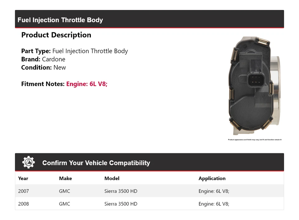 Carrocería de acelerador de inyección de combustible Cardone para GMC Sierra 3500 HD 2007-2008 6L V8 Foto 2 de 4