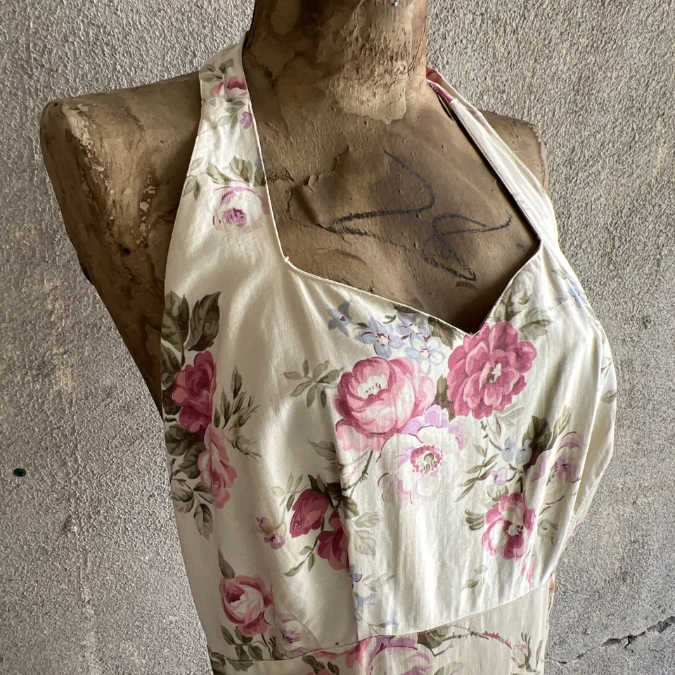 Vintage 1930s Chintz Pink Rose Floral Print Cotton Halter Dress Midi Low Back - Image 2 of 4