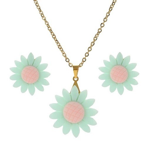 Stainless Steel Gold Colored Chain & Earrings with Green Colored Sunflowers - Picture 1 of 1