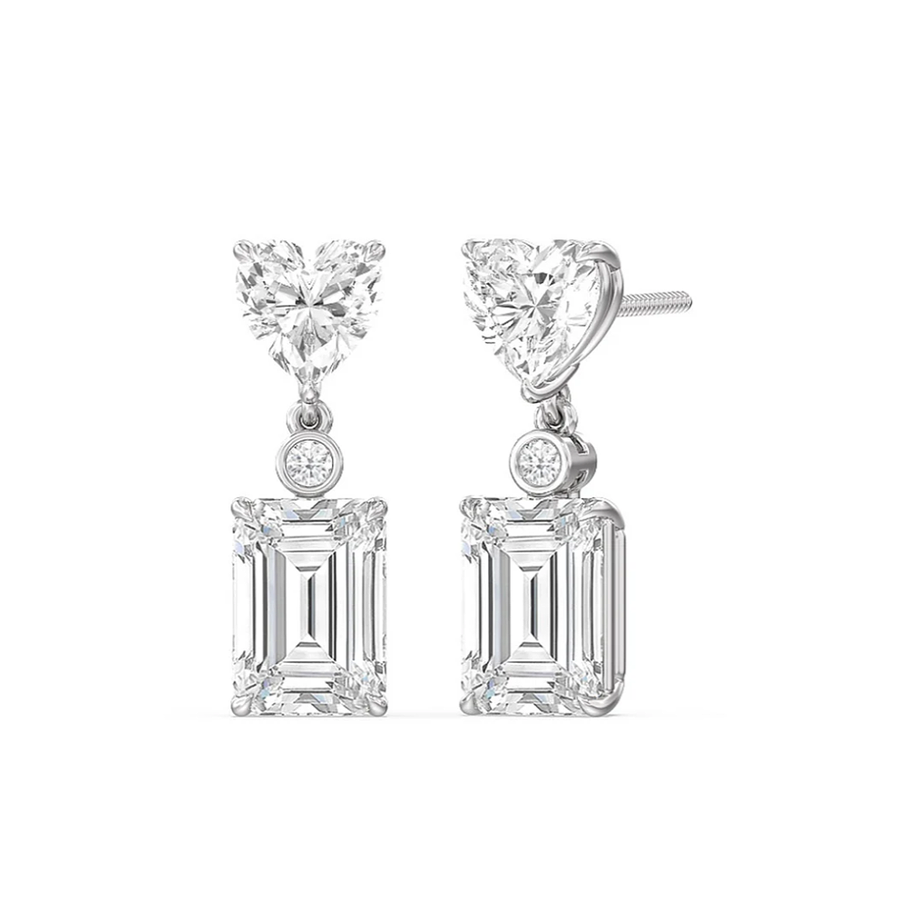 18K White Gold Earring  Heart Cut Diamond and 7.00 Ct Lab Created Emerald Stud