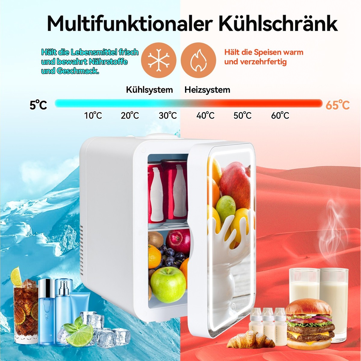 Camping Kühlschrank 8L Mini Kühlschrank Warmhaltebox Kühlbox 12V 240V Mit LED-Lichtspiegel Camping Kühlbox 12 V 230 V